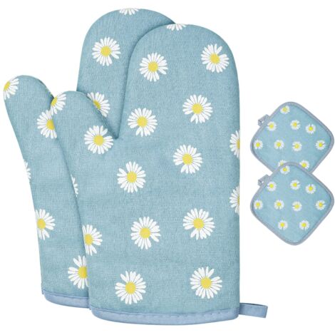 Oven Gloves, 1 Pair Cotton Oven Gloves with 2 Pot Holders, Washable Oven Gloves, Non-Slip Kitchen Gloves, Anti-Heat Oven Gloves for Grilling, Cooking (Pink Flowers)