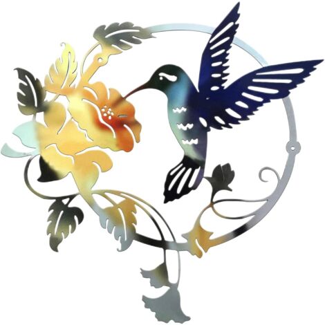 Metal Bird Silhouette Metal Wall Art Round Wall Decor Wall Hanging for Home Office Living Room Hotel Decoration (31x32cm) (Blue)