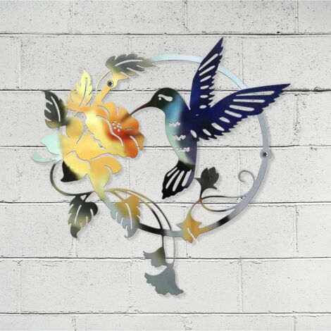 Metal Bird Silhouette Metal Wall Art Round Wall Decor Wall Hanging for Home Office Living Room Hotel Decoration (31x32cm) (Blue)