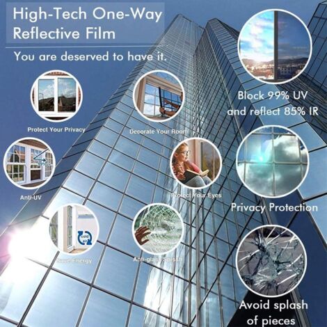 One Way Window Mirror Film, Anti UV, Anti Heat, Reflective Self Adhesive Window Film, Silver, One Way Anti Peeping, Temperature Control, Privacy Protection