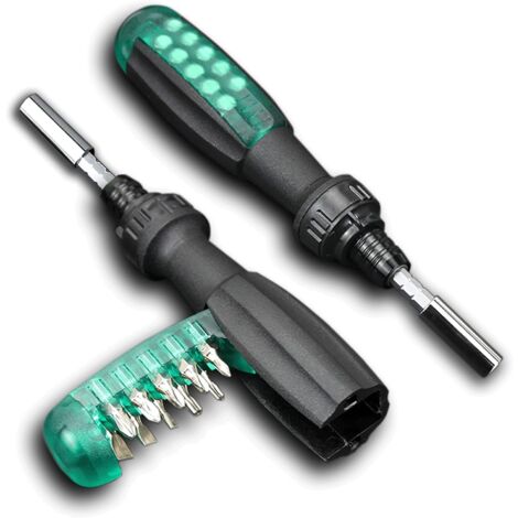 Ratchet screwdriver with magnetic bit, 10 in 1, small bag, green, 1 piece (1/5)