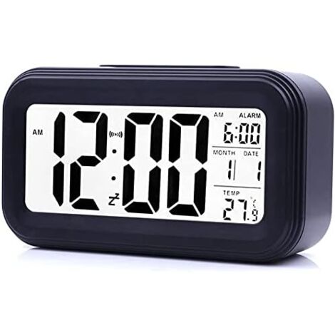 Digital Alarm Clock, Morning Alarm Clock, Silent Battery Operated Digital Alarm Clock for Kids and Adults, Large LED Display, Temperature Calendar (Black)