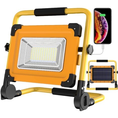 100W Rechargeable Solar LED Construction Spotlight, 120 LED Work Light, 12000mAh Waterproof Battery, USB Power Bank for Car Repair, Garage, Camping