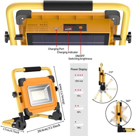 100W Rechargeable Solar LED Construction Spotlight, 120 LED Work Light, 12000mAh Waterproof Battery, USB Power Bank for Car Repair, Garage, Camping