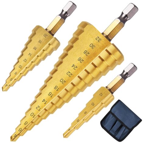 3pcs Metal Step Drill Bits 4-12/20/32mm Titanium Tapered Triangular Metal Step Drill Bit Hex Shank Step Drill Bit for Screwdriver on Metal Steel Wood Brass Aluminum Plastic (1/5)