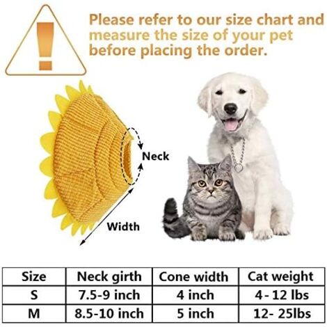 Dog Cat Collars Anti Bite Adjustable Protection Comfortable Cone Shaped Recovery Collar for Dogs and Cats with Adorable Yellow Sunflower Pattern (M)