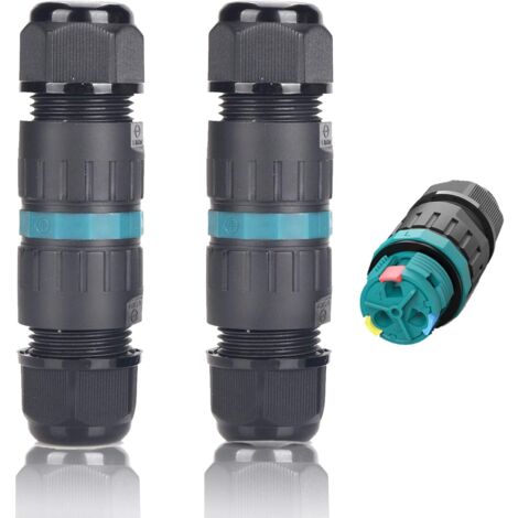 2-Pack IP68 Waterproof Cable Connector Ø9mm-Ø12mm TÜV Outdoor Electrical Connection Sleeve 3-Pin for Garden 2-Way Ground (1/4)