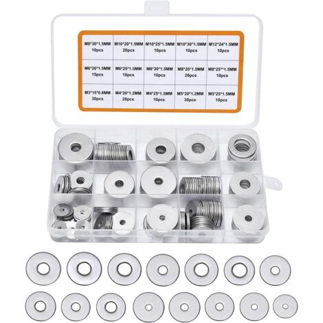 225-piece assortment of 304 stainless steel washers, M3, M4, M5, M6, M8, M10, M12, washers for sealing screws, sealing rings, including box (gray) (1/5)