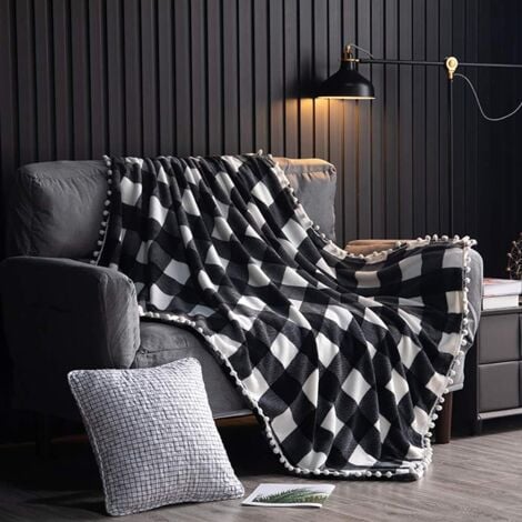 Fleece Blanket with Tassel Fringe, Black and White Buffalo Check