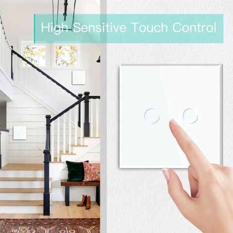 Two-way touch switch, white 2-way light switch with LED indicator, touch switch with touch sensor, crystal glass panel, no neutral wire