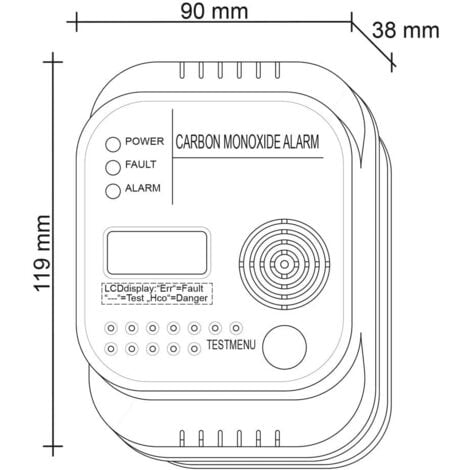 Carbon monoxide detector, battery-operated, gas detector with display and temperature display