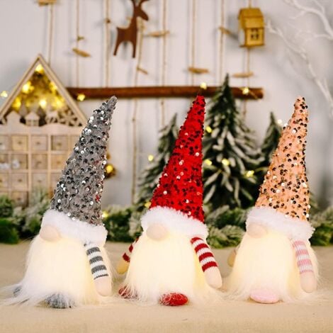 3 Piece Lighted Christmas Gnome, Plush Christmas Prank Elf, Christmas Elf Gnome Decoration, Mini Christmas Elf, Handmade Swedish Santa Claus Decoration, for Christmas Decoration and Table Decoration