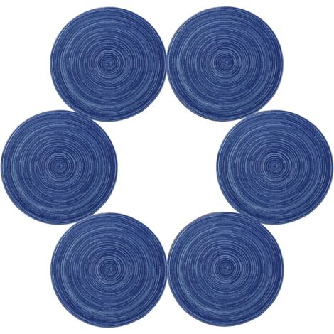 Set of 6 Woven Cotton Placemats, Washable, Heat Resistant, Non-Slip, 35 x 35 cm, Round (Round, Blue) (1/5)