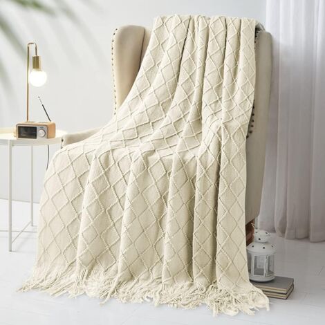 Checkered Knitted Blankets, Bedspread, Fringed Blanket, Decoration, Knitted Blanket, 150 x 200 cm (Beige) (1/5)
