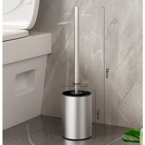 Satin toilet brush, made of stainless steel, inner bucket made of polypropylene, black brush, BPA-free, metallic. Dimensions: 9 x 13 x 38 cm