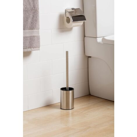 Satin toilet brush, made of stainless steel, inner bucket made of polypropylene, black brush, BPA-free, metallic. Dimensions: 9 x 13 x 38 cm