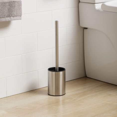 Satin toilet brush, made of stainless steel, inner bucket made of polypropylene, black brush, BPA-free, metallic. Dimensions: 9 x 13 x 38 cm