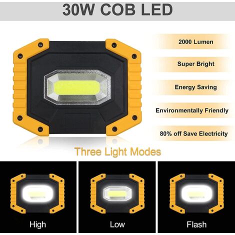 Rechargeable LED Floodlight, 30W 2000LM Construction Site Floodlight Work Light with 4X Battery 3 Modes Portable Lantern USB LED Flood Light for Camping Construction Site Garage Workshop (2 Pack)