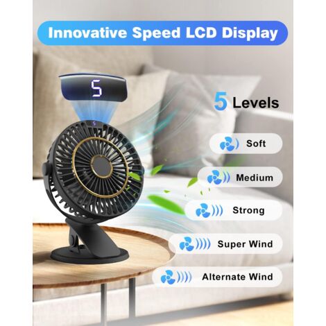 Rechargeable Desk Fan, Mini USB Fan with LCD Display, 5 Speeds, 720° Rotation, Portable Fan, Quiet Fan for Office/Home/Camping with 1.2m Cord - Black