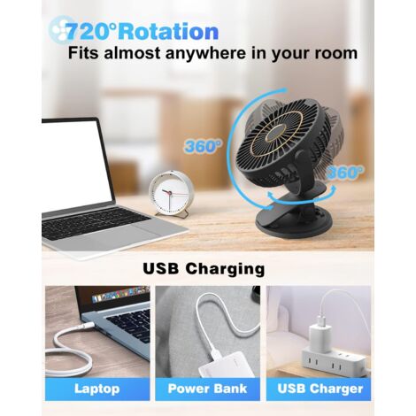 Rechargeable Desk Fan, Mini USB Fan with LCD Display, 5 Speeds, 720° Rotation, Portable Fan, Quiet Fan for Office/Home/Camping with 1.2m Cord - Black