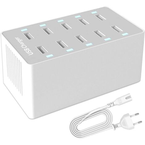 USB Charging Station, 50W 10-Port USB Charging Hub, Multi-Port USB Charger with Smart Detect, Compatible with iPhone, Galaxy, iPad Tablet and Other USB Chargers
