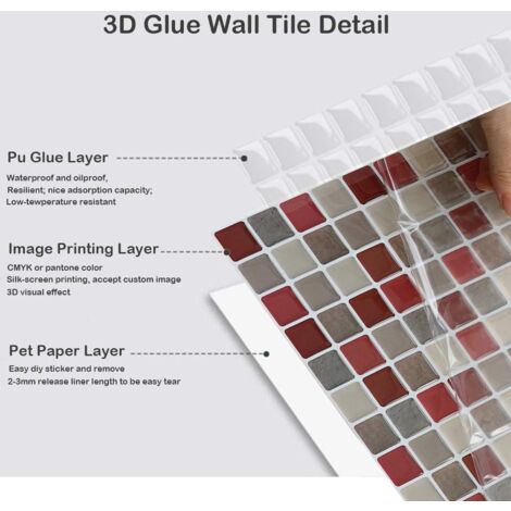 3D Mosaic Self Adhesive Wall Tiles Waterproof Self Adhesive 9.3" x 9.3" for Kitchen Bathroom 4 Pack