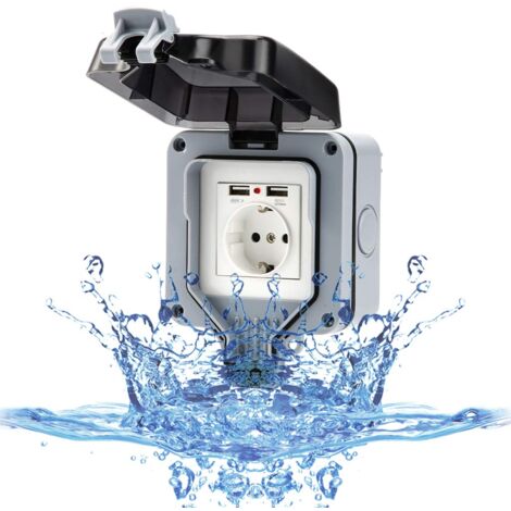 Outdoor wall socket with USB socket for outdoor use, IP66 waterproof socket, garden socket, surface mounting, protective contact for damp rooms, outdoor with flap