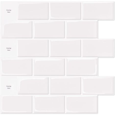 Set of 10 Pieces Self Adhesive White Subway Tiles Self Adhesive Kitchen Bathroom Backsplash 3D Brick Vinyl Adhesive Paper 30 x 30 cm
