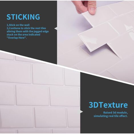Set of 10 Pieces Self Adhesive White Subway Tiles Self Adhesive Kitchen Bathroom Backsplash 3D Brick Vinyl Adhesive Paper 30 x 30 cm