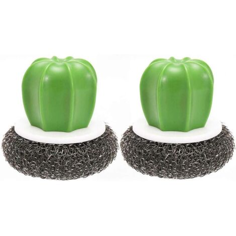 2pcs Creative Cactus Shape Kitchen Brushes Cactus Pot Wire Sponge Ball Dishwashing Brush Stainless Steel Scrubber Cleaning Brush with Black Plastic Handle