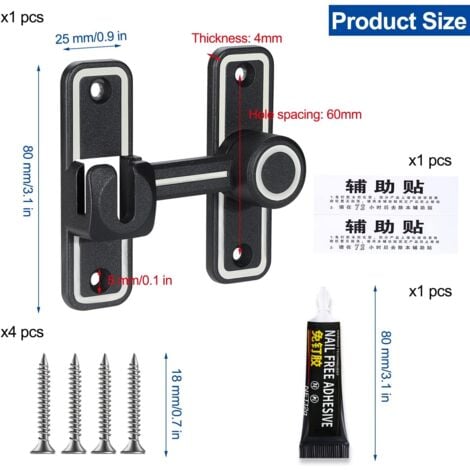Illuminated Sliding Door Lock, 90/180° Sliding Door Lock, No Hole, Sliding Door Latch with Screws and Mounting Accessories, for Bedroom, Bathroom, Kitchen