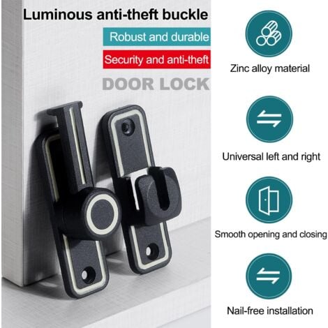 Illuminated Sliding Door Lock, 90/180° Sliding Door Lock, No Hole, Sliding Door Latch with Screws and Mounting Accessories, for Bedroom, Bathroom, Kitchen