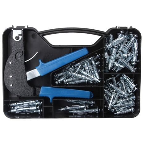 Robust metal wall anchor set with hollow drive Molly bolts for plasterboard fixing