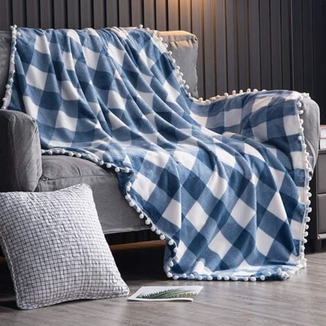 Fleece Blanket with Tassels Fringes, Blue and White Buffalo Check