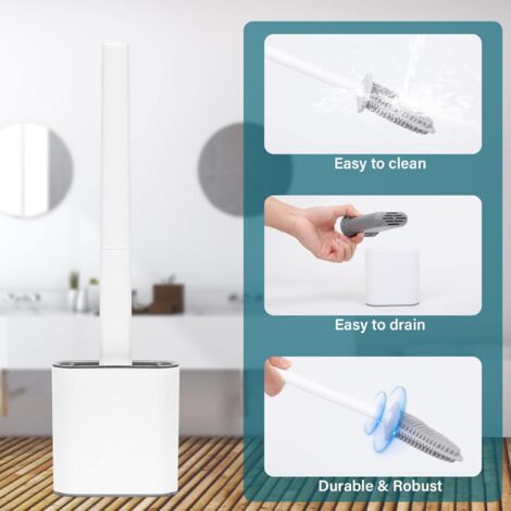 Silicone Toilet Brush, Toilet Brush with Quick Dry Holder, Removable Long Handle Toilet Brush, Wall/Floor Mounted Toilet Broom for Bathroom