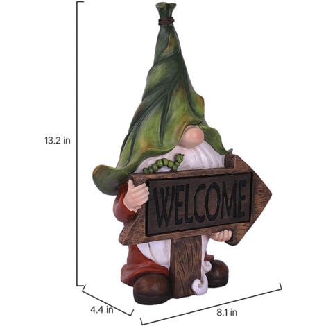 Resin Garden Statue - Long Bearded Christmas Tomte with Welcome Sign with Solar LED Lights, Outdoor Lawn Decoration, Ornament Gift