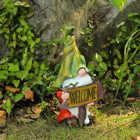 Resin Garden Statue - Long Bearded Christmas Tomte with Welcome Sign with Solar LED Lights, Outdoor Lawn Decoration, Ornament Gift