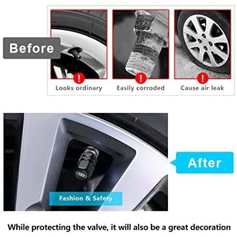 4pcs Car Valve Caps, Metal Car Valve Caps with Logo, Compatible with Audi A1 A3 RS3 A4 A5 A6 A7 RS7 A8 Q3 Q5 Q7 R8 S Series, Tire Accessories, Black