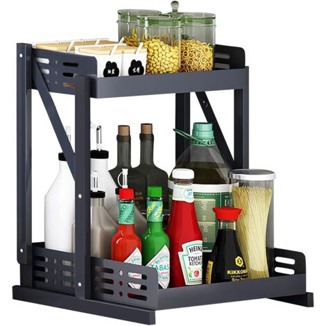 Spice Rack 34 x 28 x 38 cm Black Foldable 2 Tier Kitchen Spice Storage for Kitchen Counter Sturdy and Durable Stainless Steel Maximizes Kitchen Space Easy to Assemble (1/5)
