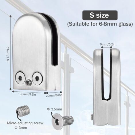 Glass Clamp, Stainless Steel Glass Clamp 6-8mm Glass Clamp Brackets Adjustable Glass Clamp Flat Back Connection for Balustrades Stair Handrail 6pcs
