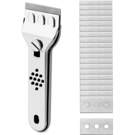 Stainless steel scraper, ideal for cleaning glass ceramic and induction hobs, 20 replacement blades included