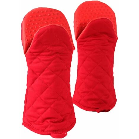 1 Pair Double Oven Gloves, Universal Rubber Cotton BBQ Gloves, 540℉ Heat Resistant Cooking Gloves, Long Thick Soft Oven Mitts for Kitchen BBQ Cooking (Red)