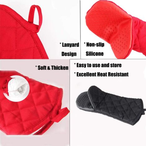 1 Pair Double Oven Gloves, Universal Rubber Cotton BBQ Gloves, 540℉ Heat Resistant Cooking Gloves, Long Thick Soft Oven Mitts for Kitchen BBQ Cooking (Red)