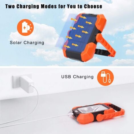 Rechargeable LED Floodlight, USB Solar Charging Construction Site Light Work Lamp Portable Lantern with 4 SOS Modes, 360° Rotation, Adjustable and Magnetic Handle for Camping