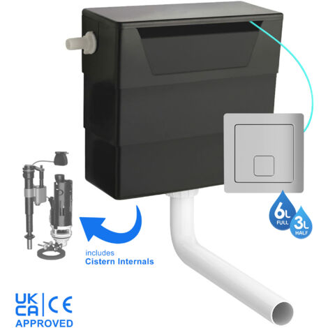 Universal Side Entry Concealed Toilet Cistern WC with Dual Flush Polished Chrome Square Button - Includes WRAS Internals & Pipe