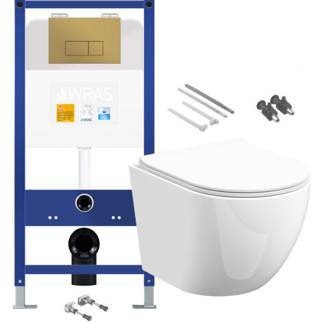 Gloss White Rimless D Shape Wall Hung Toilet with 1.10m Concealed Cistern Frame Set - Brushed Gold Plate
