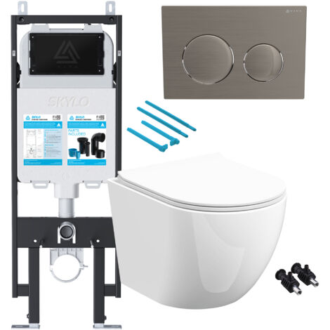 Gloss White Rimless D Shape Wall Hung Toilet with 1.14m Concealed Cistern Frame Set - Brushed Nickel Plate (1/4)
