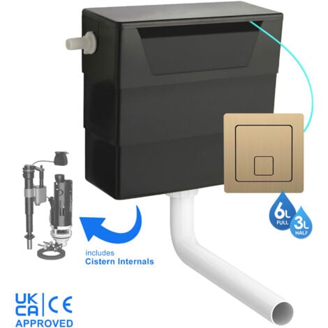 Universal Side Entry Concealed Toilet Cistern WC with Dual Flush Brushed Brass Square Button - Includes WRAS Internals & Pipe