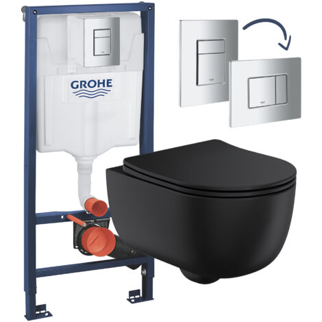 Matt Black Rimless Wall Hung Toilet with Grohe Rapid 1.13m Concealed Cistern Frame Set - Chrome Plate