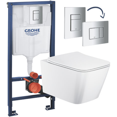 Gloss White Rimless Square Wall Hung Toilet with Grohe Rapid 1.13m Concealed Cistern Frame Set